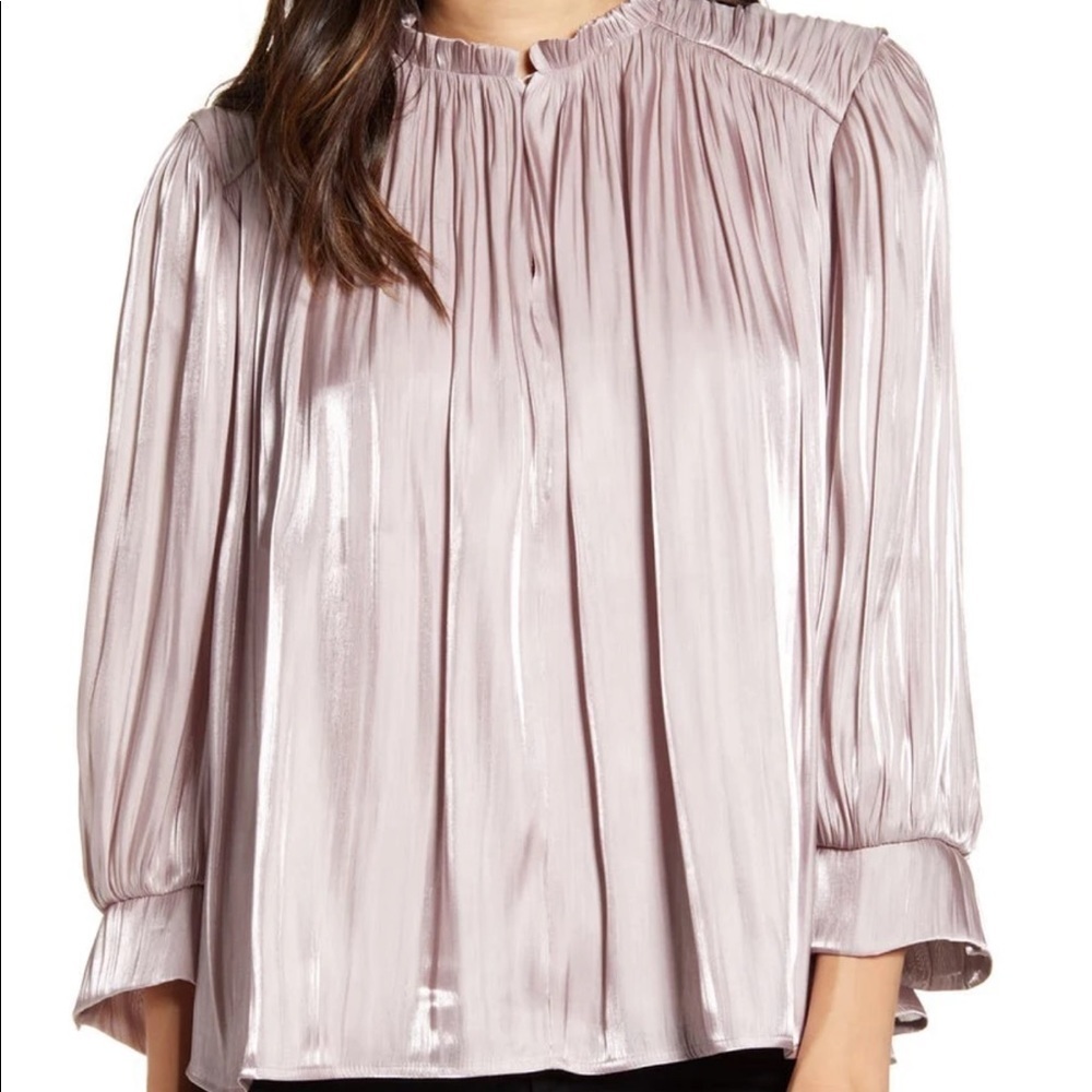 Rebecca Minkoff Pink Satin Billie Pleated Long Sleeve Ruffle Neck Blouse